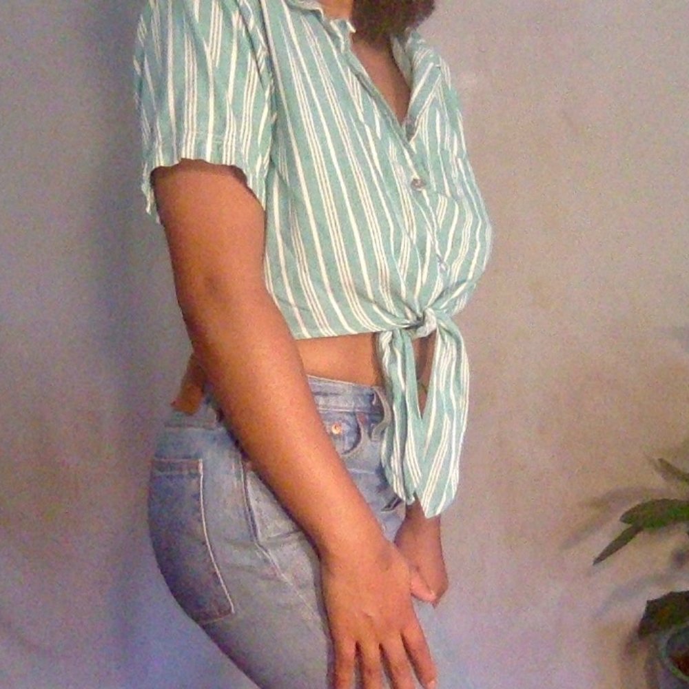 Vintage soft cotton striped teal tie crop top